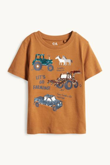 Kinder Buben - Farm - Kurzarmshirt - Glanz-Effekt - braun