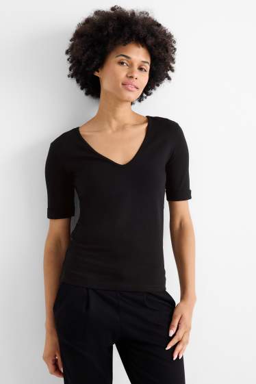 Femmes - T-shirt avec encolure en V - slim fit - noir