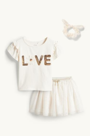 Bambine - Set - maglia a maniche corte, gonna e scrunchie - 3 pezzi - bianco crema