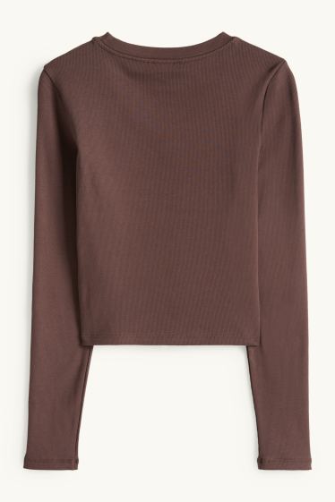 Femmes - Haut court à manches longues - slim fit - côtelé - marron foncé
