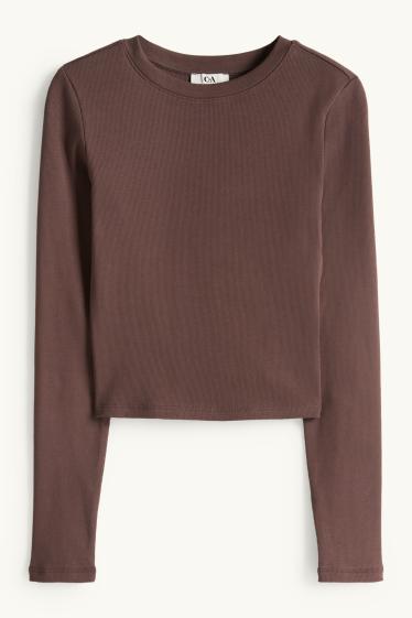 Femmes - Haut court à manches longues - slim fit - côtelé - marron foncé