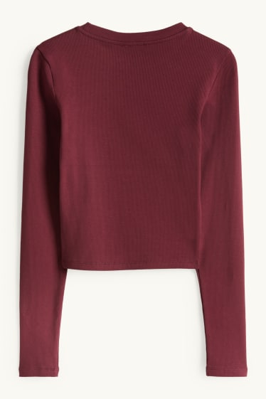 Dames - Korte longsleeve - slim fit - ribstof - bordeaux