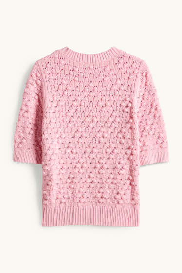 Women - Knitted jumper - short sleeve - textured - pink