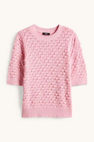 Women - Knitted jumper - short sleeve - textured - pink