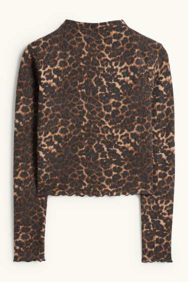 Donna - Maglia corta a maniche lunghe - slim fit - a coste - stampa leopardata - nero / beige