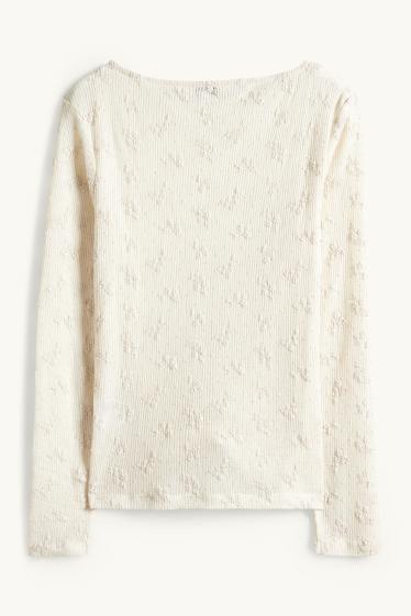 Femmes - Haut à manches longues - slim fit - finition côtelée - finition texturée - beige