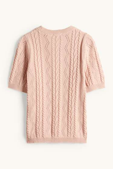 Dámské - Pletený svetr - s krátkým rukávem - copánkový vzor - růžová