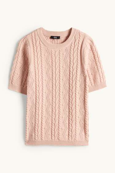 Dámské - Pletený svetr - s krátkým rukávem - copánkový vzor - růžová