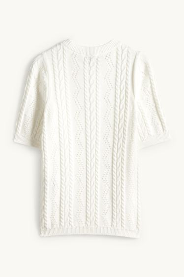 Dámské - Pletený svetr - s krátkým rukávem - copánkový vzor - bílá