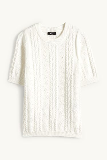 Dámské - Pletený svetr - s krátkým rukávem - copánkový vzor - bílá