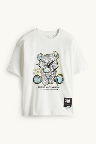 Children Boys - Teddy bear - short sleeve T-shirt - white