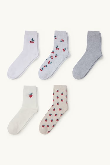 Dames - Set van 5 paar - sokken met motief - kers en aardbei - crème wit