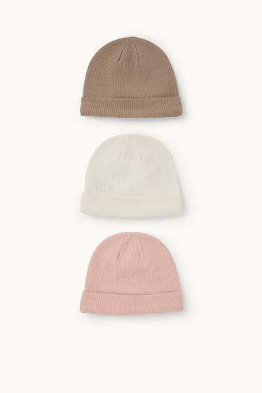 Baby: meisjes - Set van 3 - babymuts - geribd - roze / beige