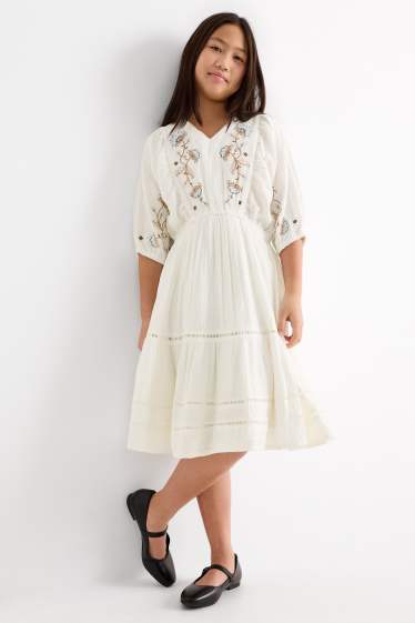 Children Girls - Floral - cheesecloth dress - cremewhite