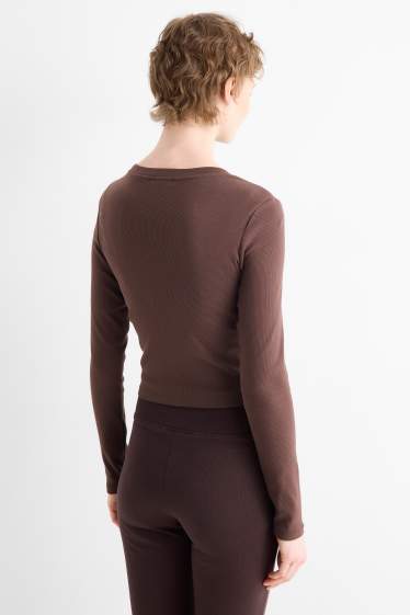 Femmes - Haut court à manches longues - slim fit - côtelé - marron foncé