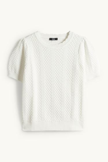 Femmes - Pull en maille - manches courtes - finition texturée - blanc
