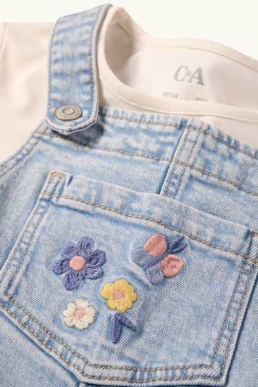 Kinder Mädchen - Blume - Set - Kurzarmshirt und Jeans-Latzhose - 2 teilig - helljeansblau