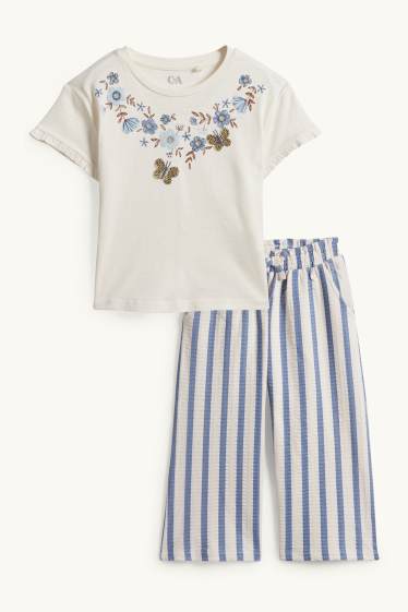 Kinder Mädchen - Blume - Set - Kurzarmshirt und Stoffhose - 2 teilig - cremeweiß