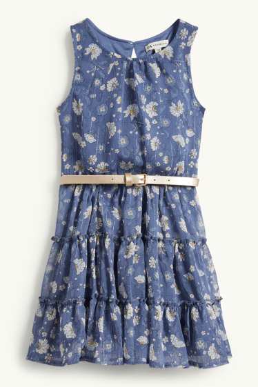 Children Girls - Floral - dress with belt - shiny - blue