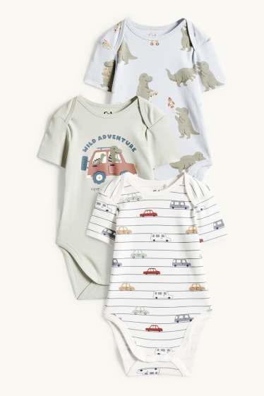 Bébés garçons - Lot de 3 - dinosaures et autos - bodys bébé - blanc crème