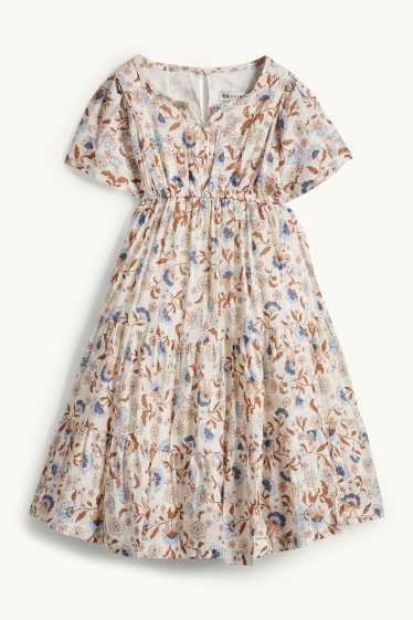 Copii - Fete - Floare - rochie - aspect lucios - alb-crem