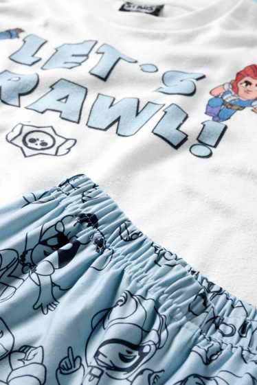 Kinderen: jongens - Brawl Stars - set - pyjama van fleece en smartphonetasje - 3-delig - wit / lichtblauw