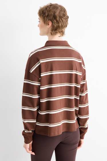 Dames - Poloshirt met lange mouwen - regular fit - gestreept - bruin / crème wit