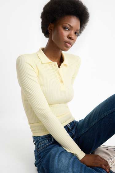 Women - Polo shirt - slim fit - ribbed - light yellow