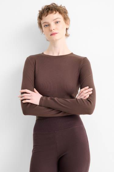Femmes - Haut court à manches longues - slim fit - côtelé - marron foncé