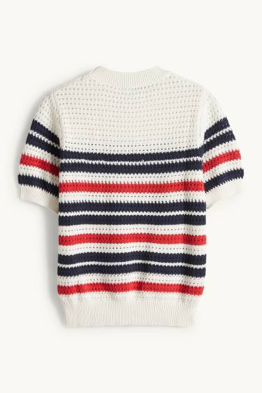 Dona - Jersei de punt de mitja - màniga curta - de ratlles - blanc trencat