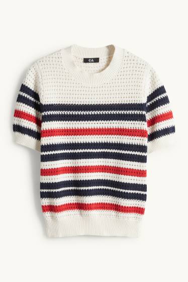 Dona - Jersei de punt de mitja - màniga curta - de ratlles - blanc trencat