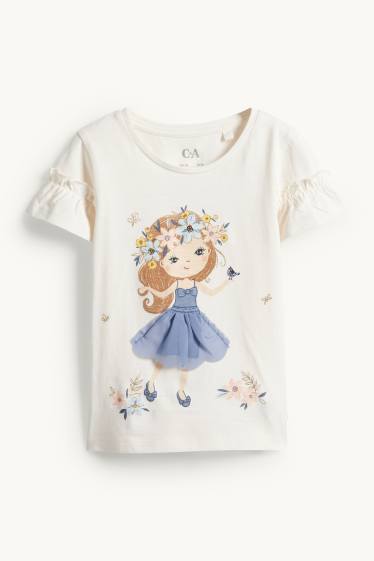 Enfants filles - Petite fille et fleur - T-shirt - effet brillant - blanc crème