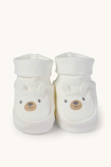 Unisex - Bärchen - Baby-Krabbelschuhe - gerippt - weiss