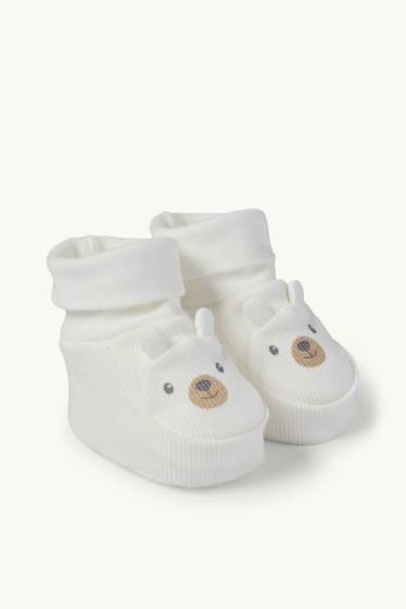 Unisex - Bärchen - Baby-Krabbelschuhe - gerippt - weiss