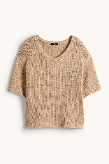 Femmes - Pull en maille - manches courtes - beige