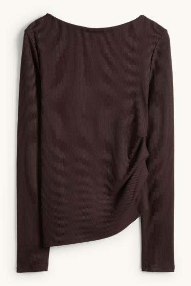 Femmes - Haut à manches longues - slim fit - finition côtelée - marron foncé