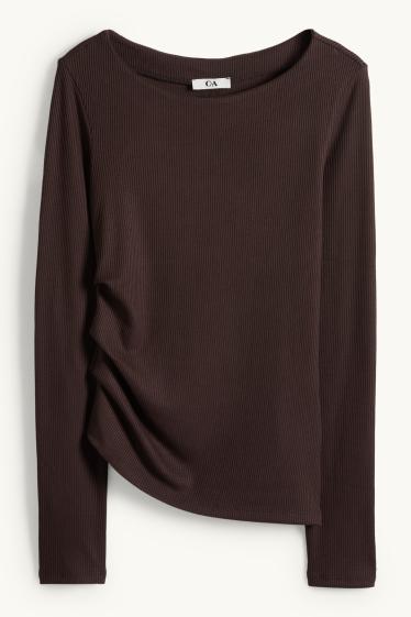 Femmes - Haut à manches longues - slim fit - finition côtelée - marron foncé