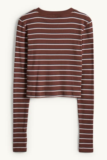 Dames - Longsleeve - slim fit - geribd - gestreept - bruin