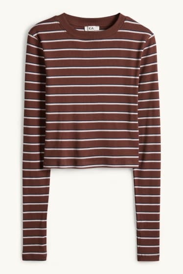 Dames - Longsleeve - slim fit - geribd - gestreept - bruin