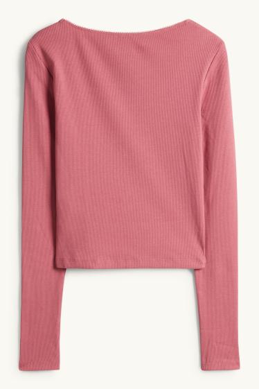 Women - Cropped long sleeve top - slim fit - ribbed - dark rose