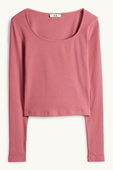 Women - Cropped long sleeve top - slim fit - ribbed - dark rose