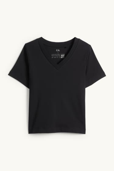 Femmes - T-shirt avec encolure en V - slim fit - noir