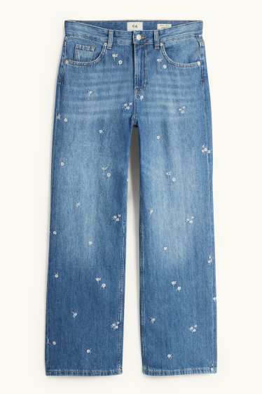 Dámské - Baggy jeans - mid waist - s květinovým vzorem - džíny - modré