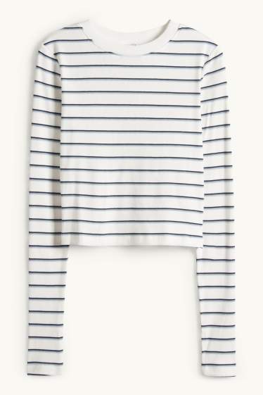 Dames - Longsleeve - slim fit - geribd - gestreept - blauw / wit