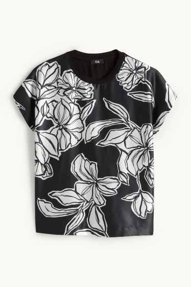 Donna - T-shirt - regular fit - a fiori - nero / bianco