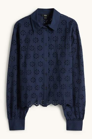 Damen - Bluse - Broderie Anglaise - dunkelblau