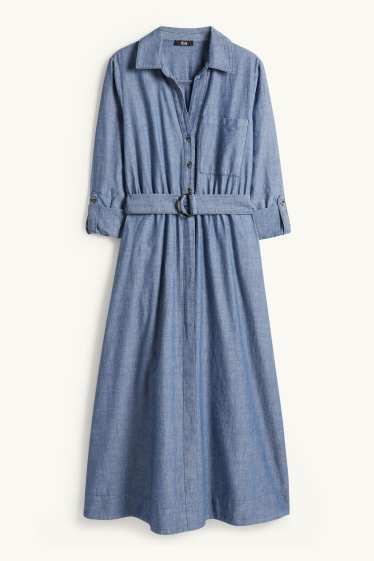 Women - Fit & flare dress with belt - denim look - blue
