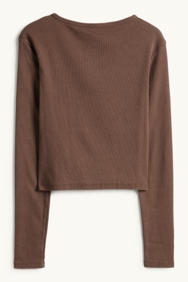 Women - Cropped long sleeve top - slim fit - ribbed - dark brown