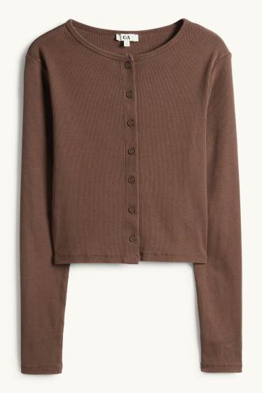 Women - Cropped long sleeve top - slim fit - ribbed - dark brown