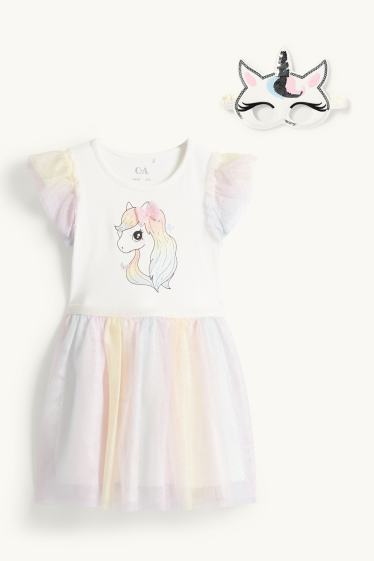 Enfants filles - Licorne - ensemble - robe et masque - 2 pièces - effet brillant - blanc crème